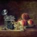 Still Life with a Basket of Peaches, White and Black Grapes with Cooler and Wineglass